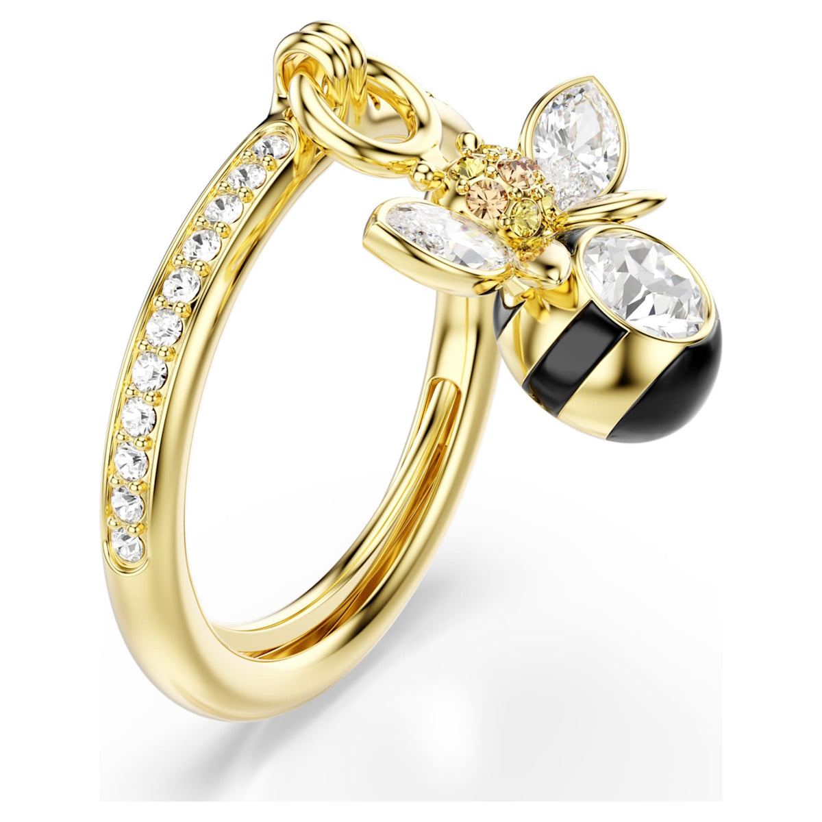Swarovski Idyllia motif ring featuring a bee motif with multicolored mixed-cut accents and an 18K gold finish