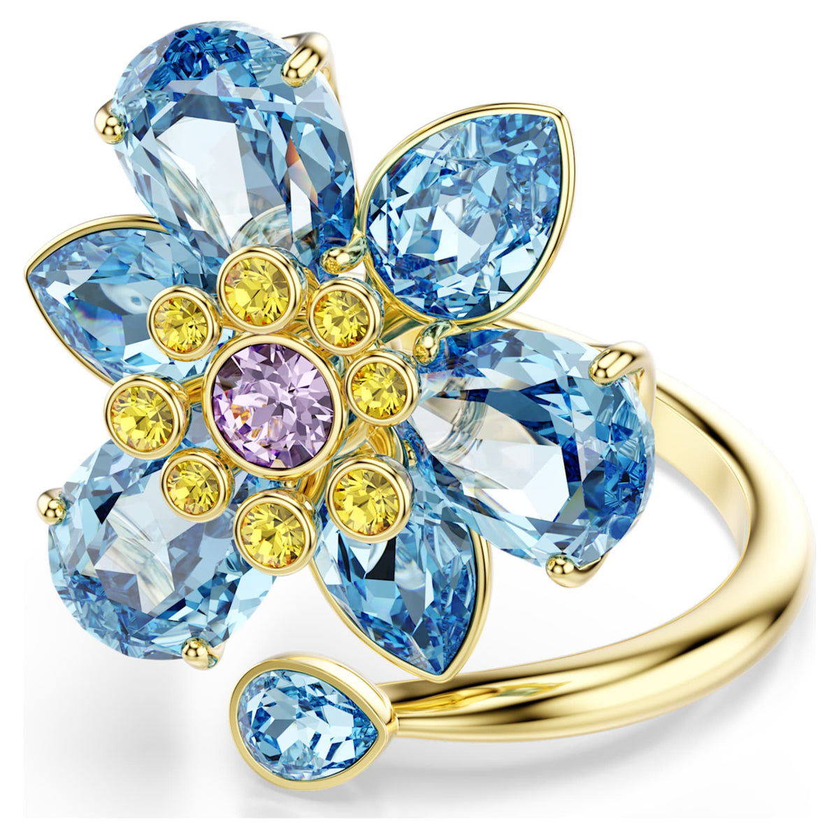 Swarovski Idyllia open ring featuring a flower motif with blue mixed-cut accents and an 18K gold finish