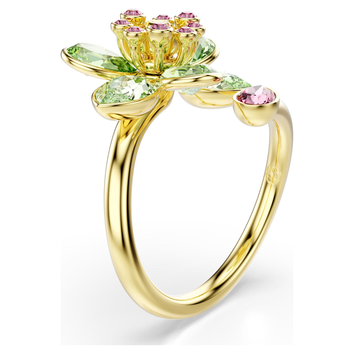 Swarovski Idyllia open ring featuring a flower motif with green mixed-cut accents and an 18K gold finish