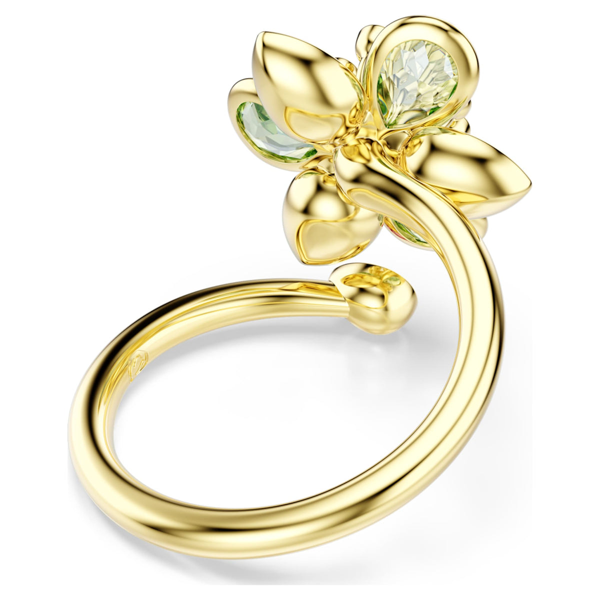 Swarovski Idyllia open ring featuring a flower motif with green mixed-cut accents and an 18K gold finish