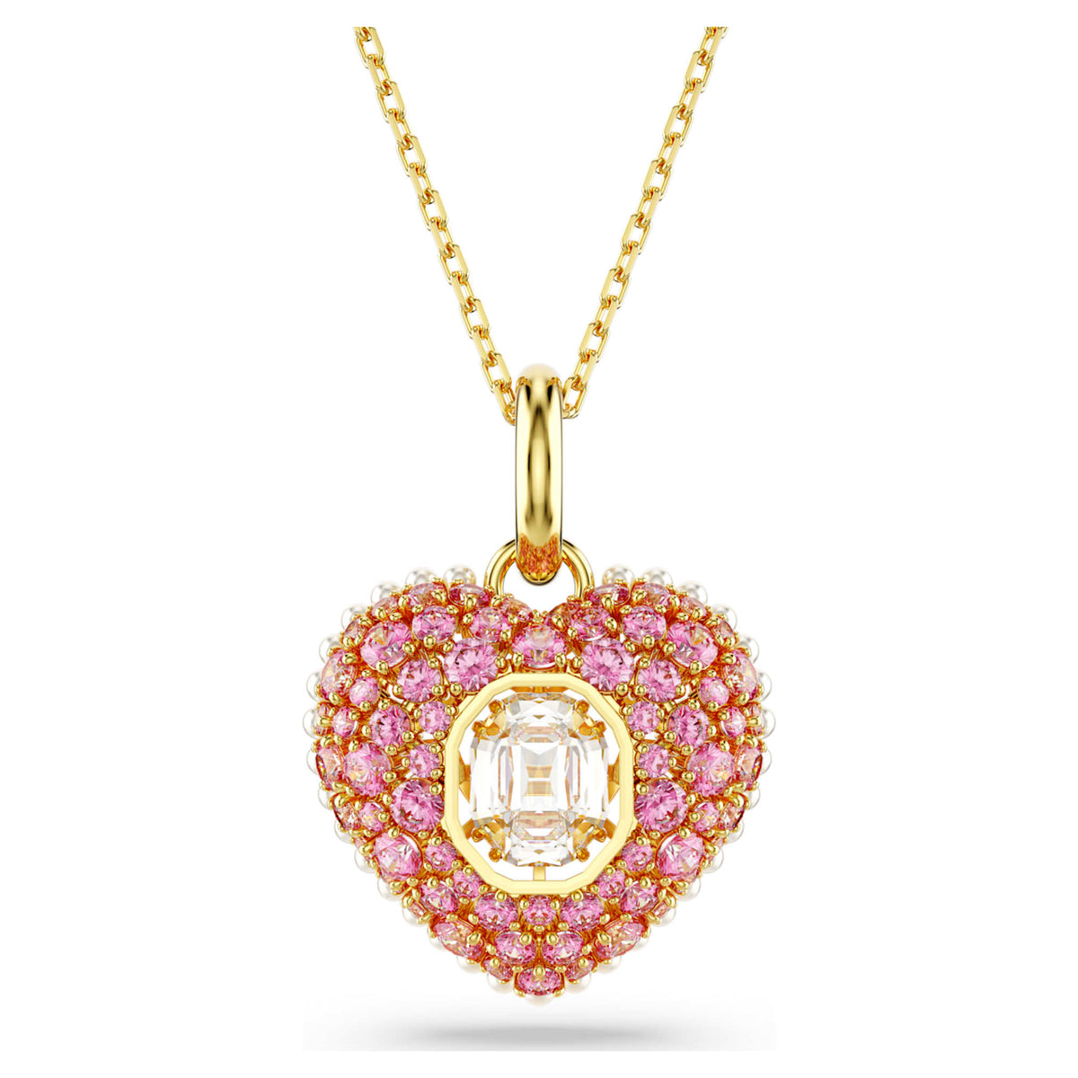 Swarovski Idyllia pendant Octagon cut, Crystal pearl, Heart, Pink, 18K gold finish