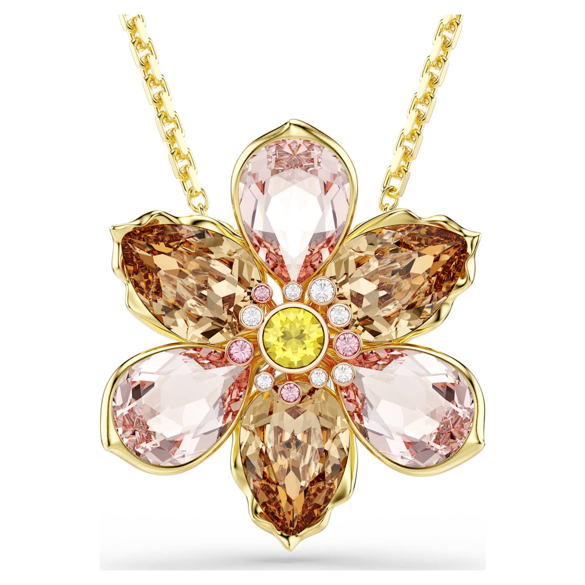 Swarovski Idyllia pendant and brooch Mixed cuts, Flower, Multicolored, 18K gold finish