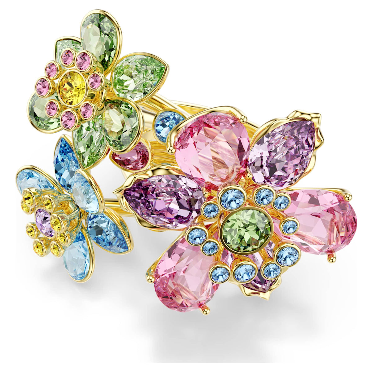 Swarovski Idyllia ring featuring a flower motif with multicolored mixed-cut accents and an 18K gold finish