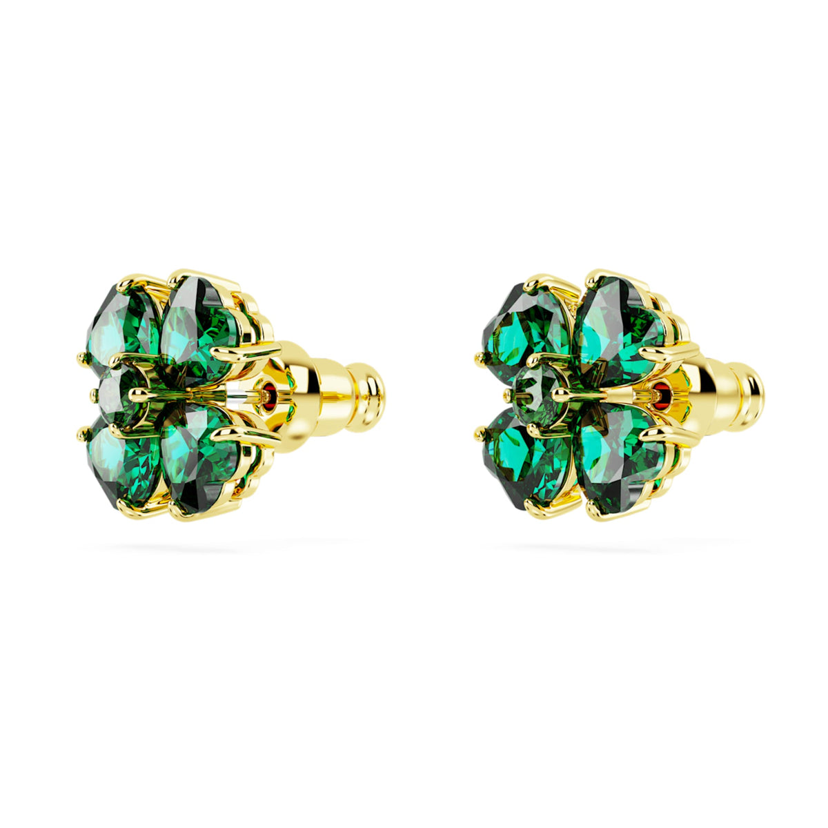 Swarovski Idyllia stud earrings featuring a clover motif with green accents and an 18K gold finish