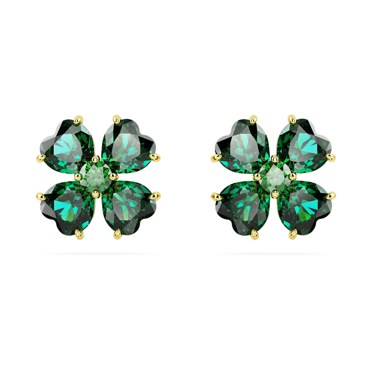 Swarovski Idyllia stud earrings featuring a clover motif with green accents and an 18K gold finish