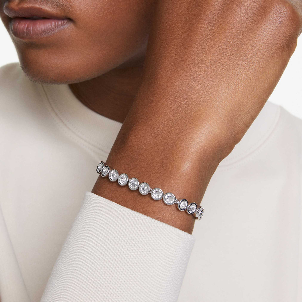 Swarovski Imber Tennis bracelet with white round-cut accents and rhodium plating