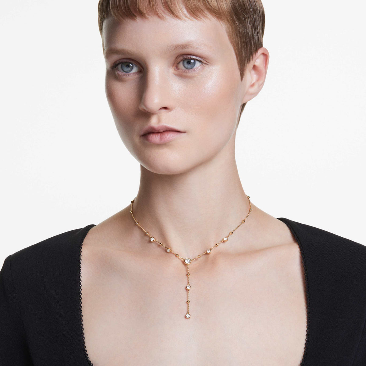 Swarovski Imber Y necklace with white round-cut accents and an 18K rose gold finish
