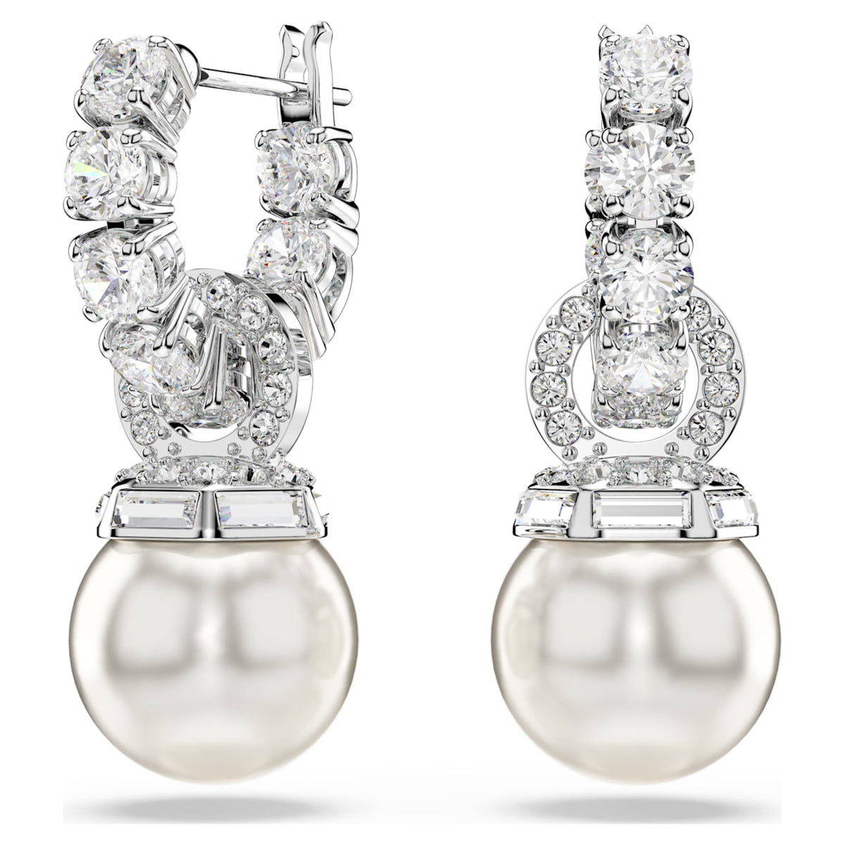 Swarovski Matrix drop earrings Crystal pearl, Round cut, White, Rhodium plated