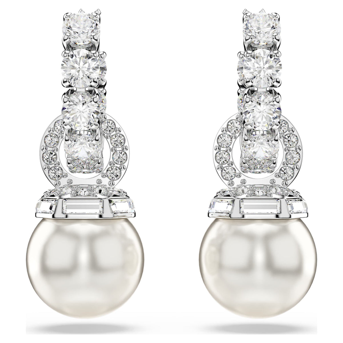 Swarovski Matrix drop earrings Crystal pearl, Round cut, White, Rhodium plated