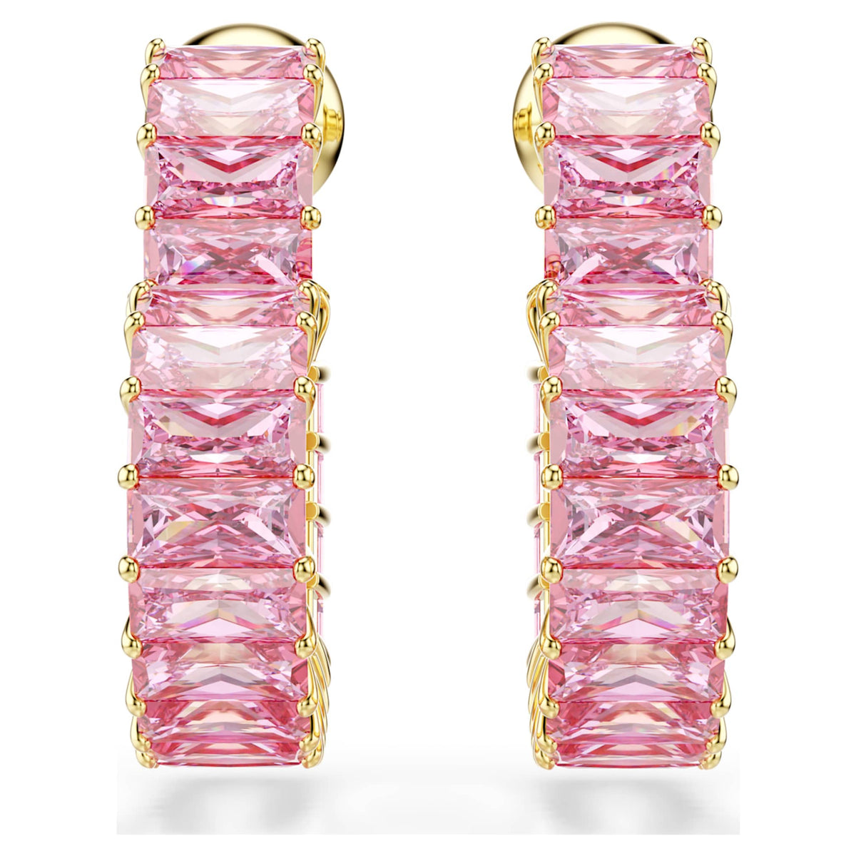 Swarovski Matrix hoop earrings Baguette cut, Heart, Small, Pink, 18K gold finish