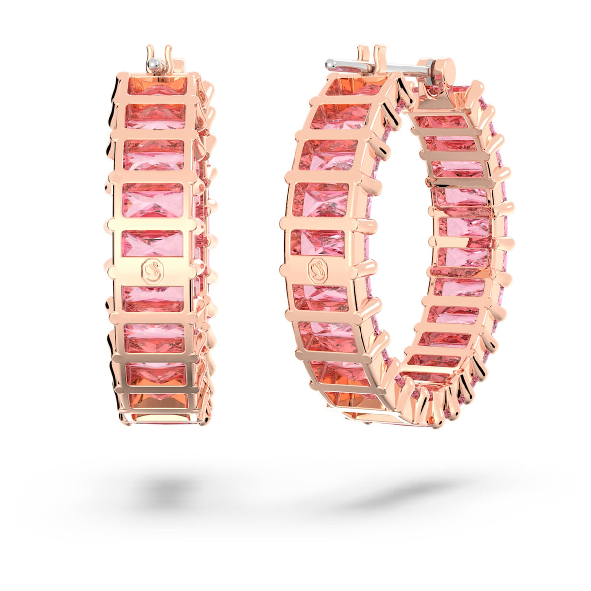 Swarovski Matrix hoop earrings with pink baguette-cut accents and an 18K rose gold finish