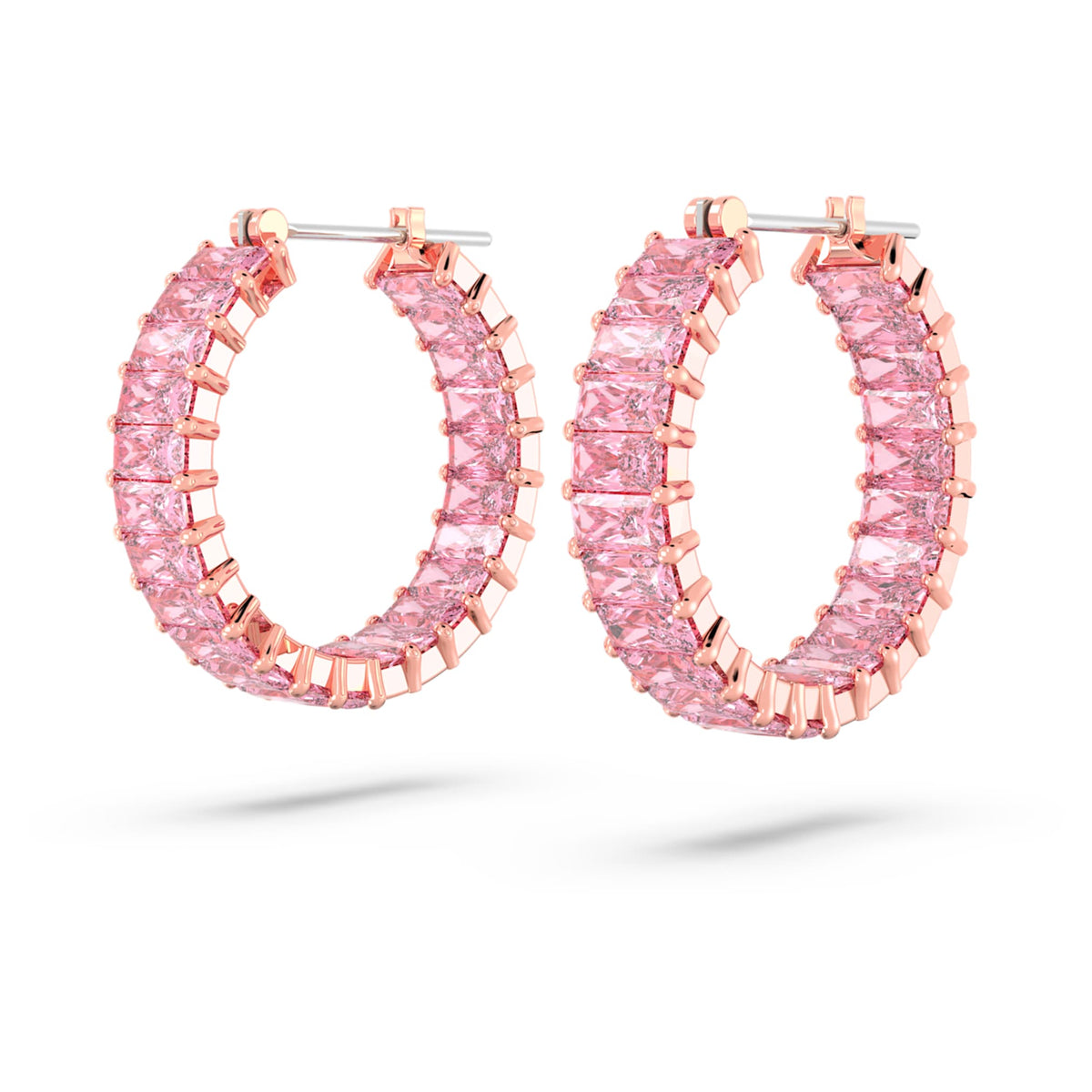 Swarovski Matrix hoop earrings with pink baguette-cut accents and an 18K rose gold finish