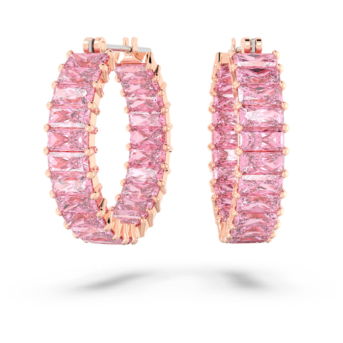 Swarovski Matrix hoop earrings with pink baguette-cut accents and an 18K rose gold finish