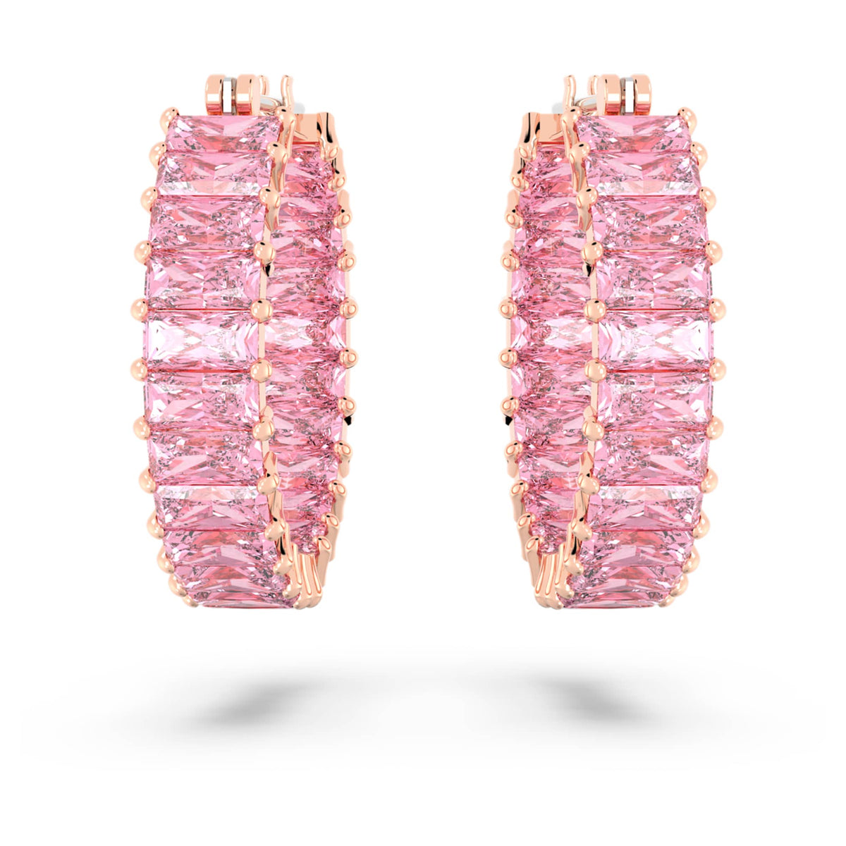 Swarovski Matrix hoop earrings with pink baguette-cut accents and an 18K rose gold finish