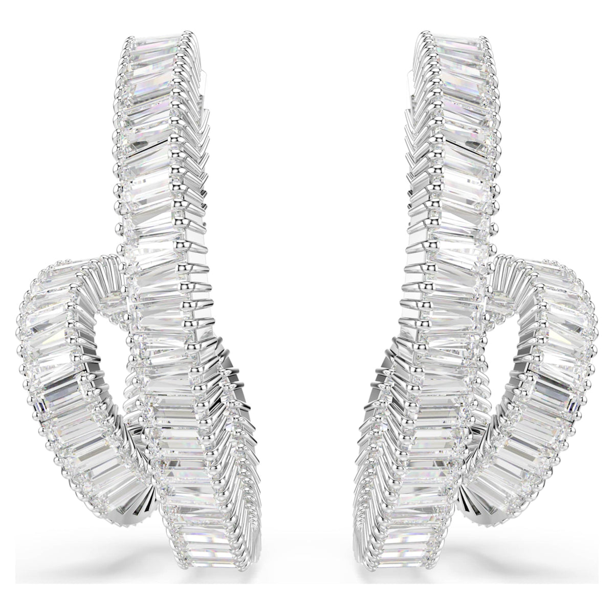 Swarovski Matrix hoop earrings Baguette cut, Ribbon, White, Rhodium plated