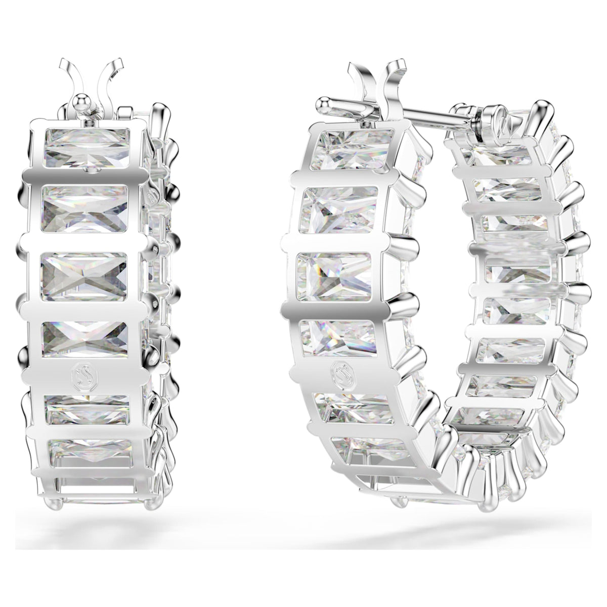 Swarovski Matrix hoop earrings Baguette cut, White, Rhodium plated