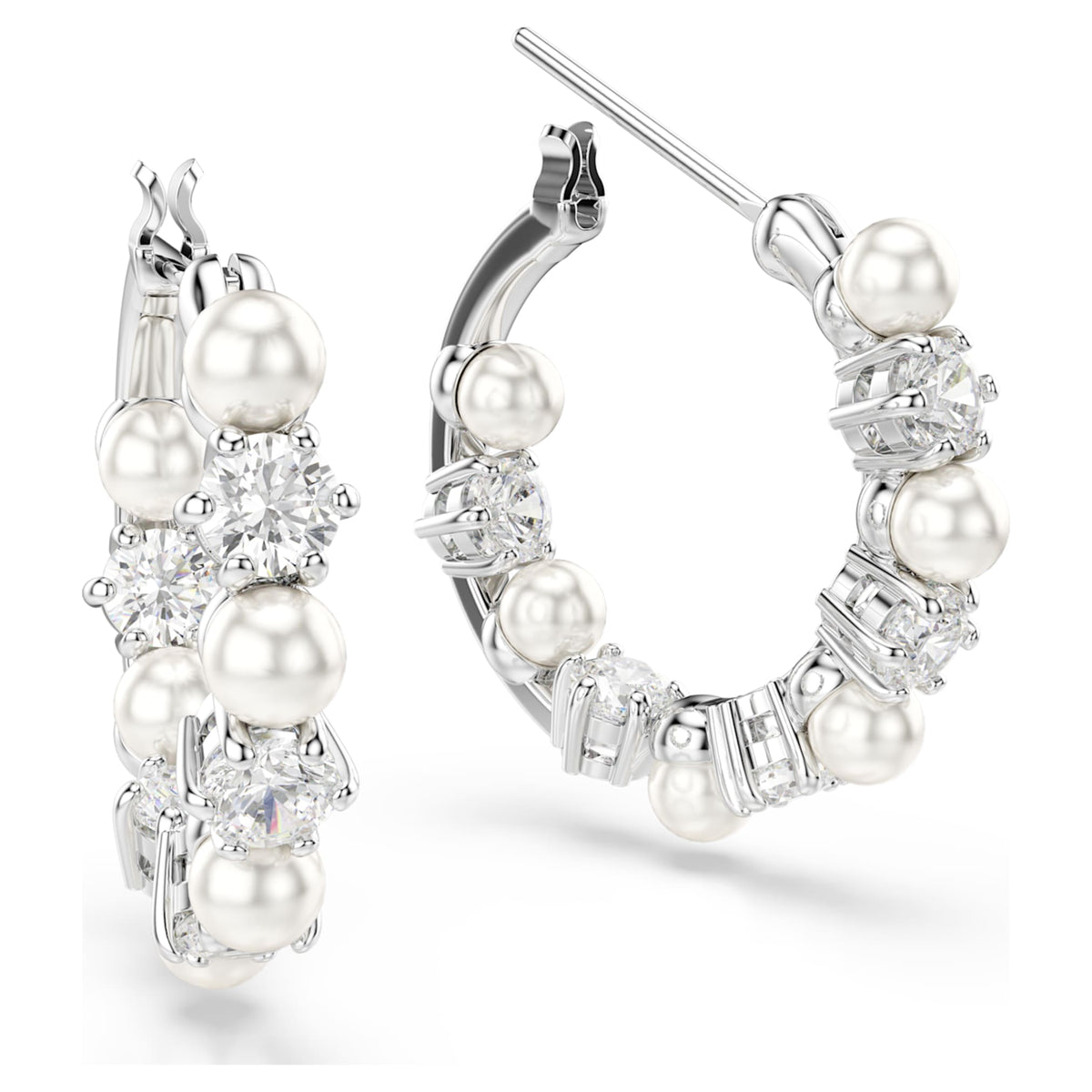 Swarovski Matrix hoop earrings Crystal pearl, Round cut, White, Rhodium plated