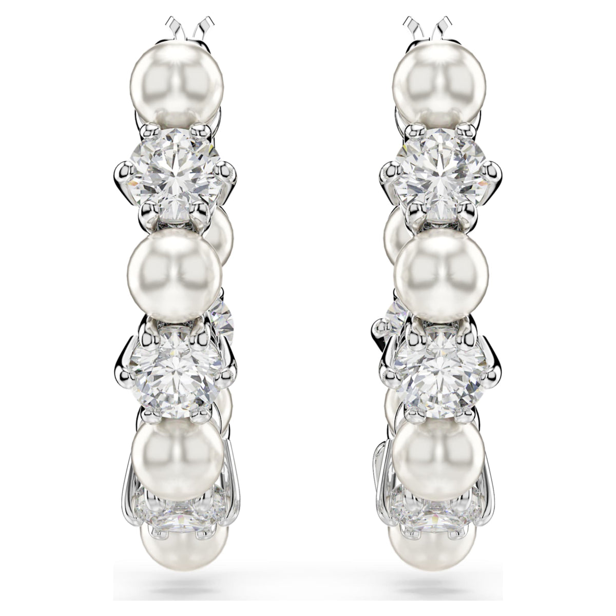 Swarovski Matrix hoop earrings Crystal pearl, Round cut, White, Rhodium plated
