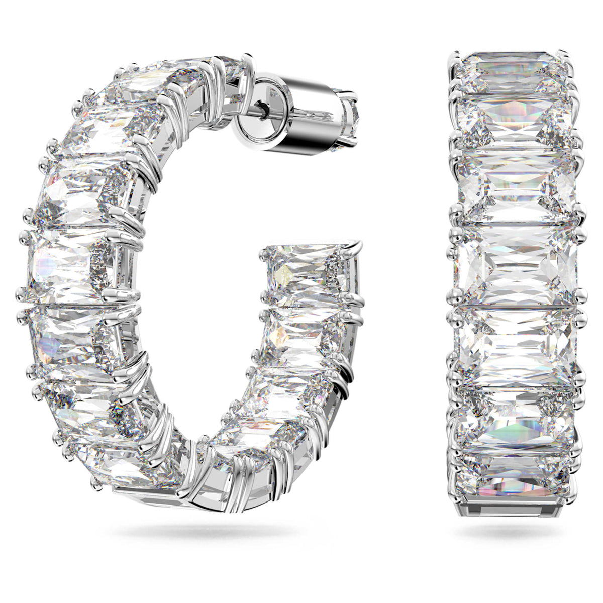 Swarovski Matrix hoop earrings with white octagon-cut accents and rhodium plating
