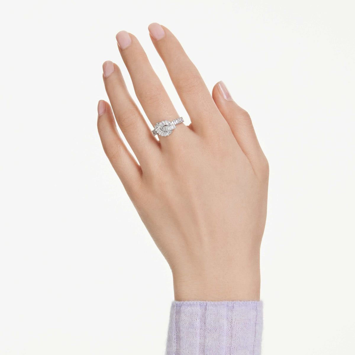 Swarovski Matrix ring Baguette cut, Knot, White, Rhodium plated