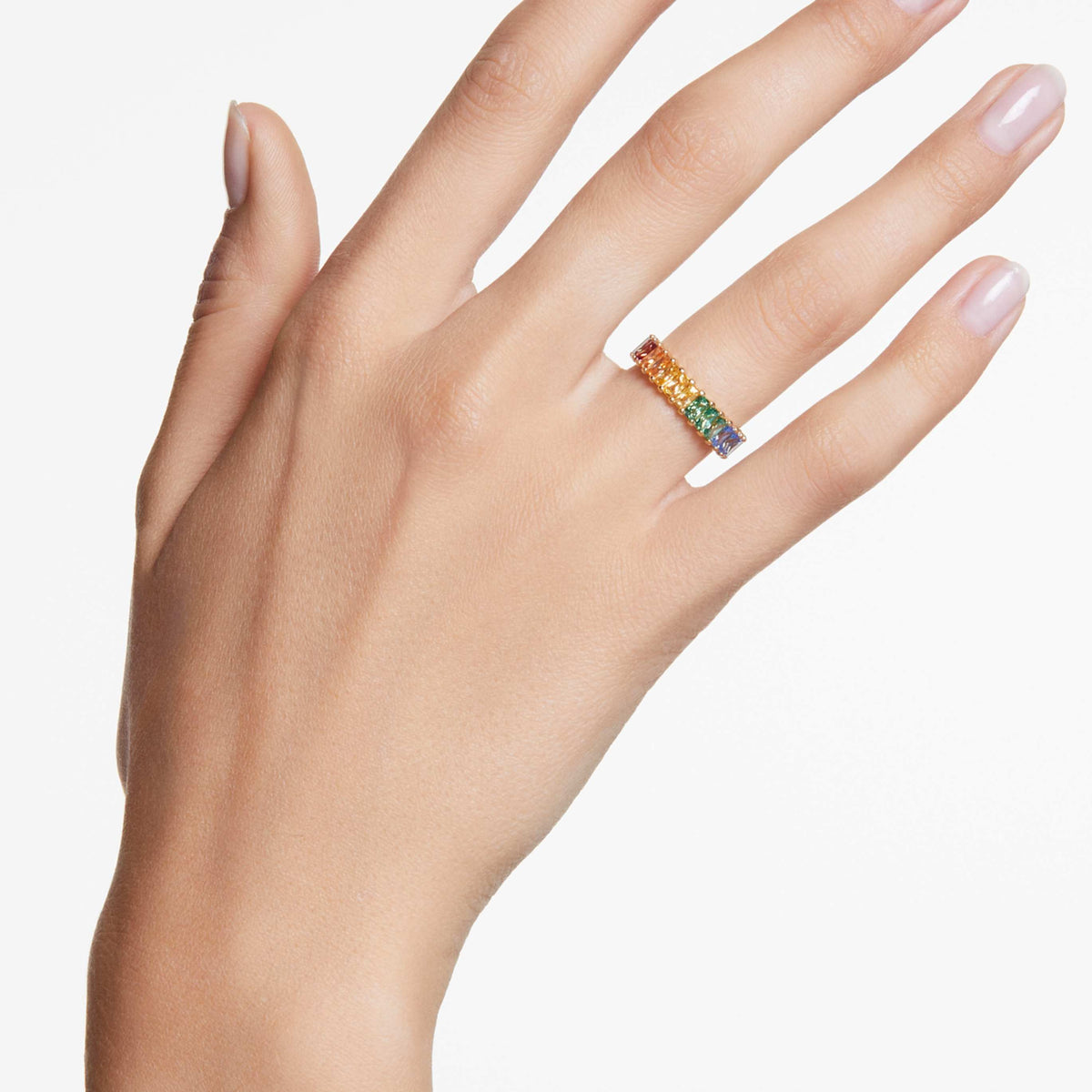 Swarovski Matrix ring with pink baguette-cut accents and an 18K rose gold finish