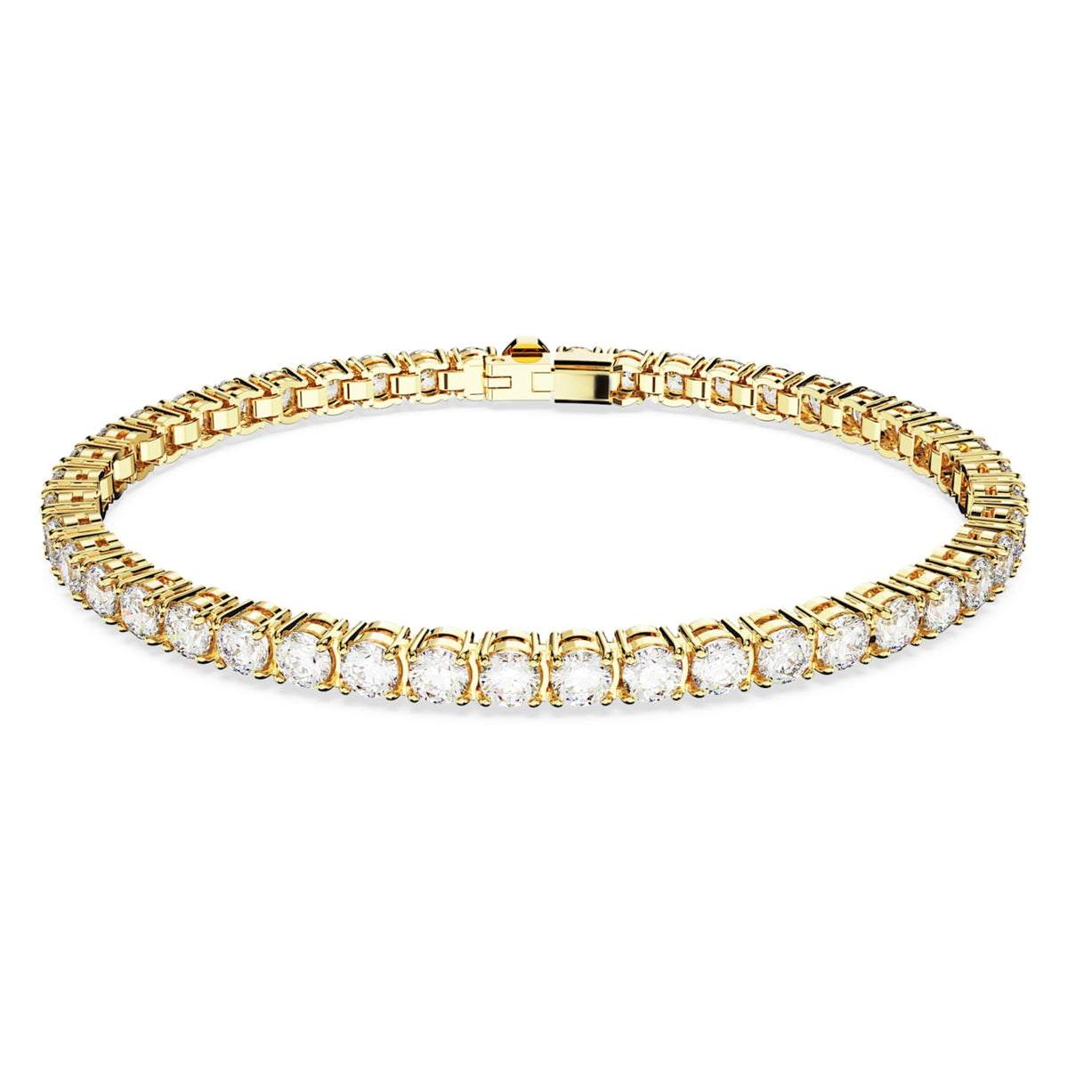 Swarovski Matrix Tennis bracelet with white round-cut accents and an 18K gold finish