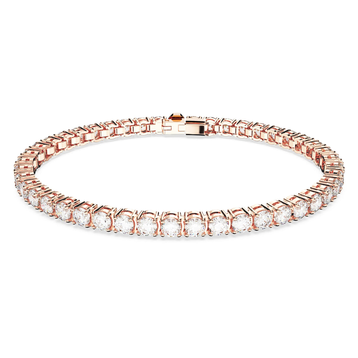 Swarovski Matrix Tennis bracelet with white round-cut accents and an 18K rose gold finish