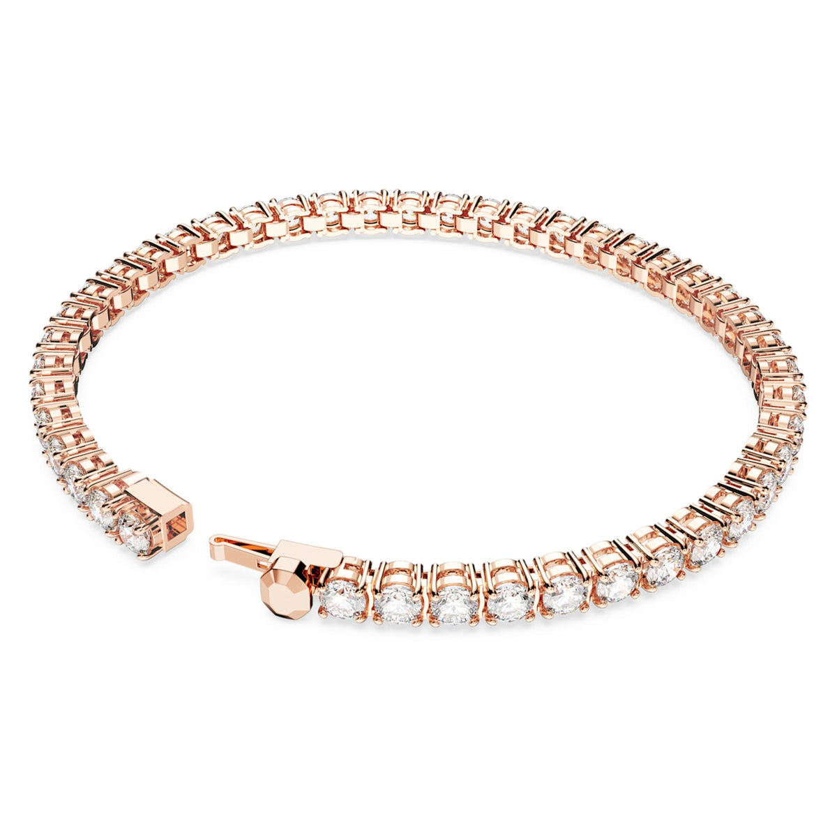 Swarovski Matrix Tennis bracelet with white round-cut accents and an 18K rose gold finish