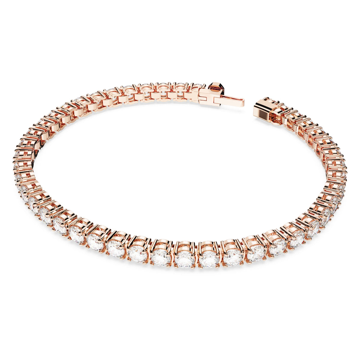 Swarovski Matrix Tennis bracelet with white round-cut accents and an 18K rose gold finish