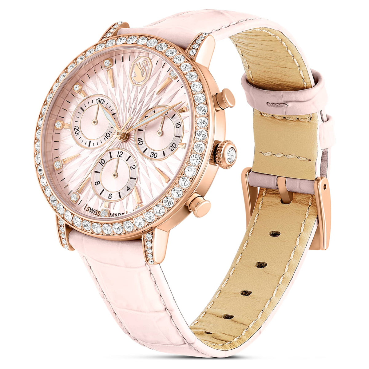 Swarovski Matrix tennis chrono watch Swiss Made, Leather strap, Pink, Rose gold-tone finish