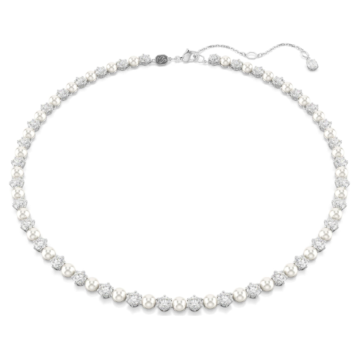 Swarovski Matrix Tennis necklace Crystal pearl, Round cut, White, Rhodium plated