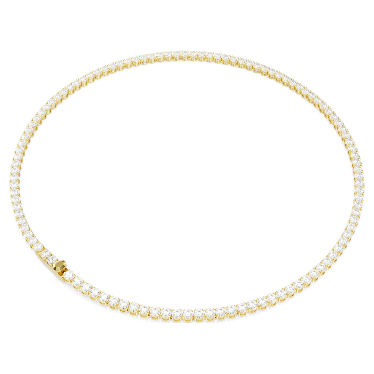 Swarovski Matrix Tennis necklace with white round-cut accents and an 18K gold finish