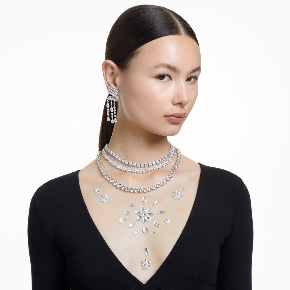Swarovski Matrix Tennis necklace with white square-cut accents and rhodium plating