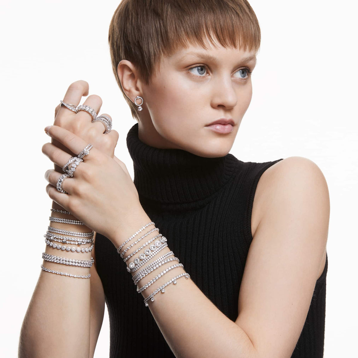 Swarovski Matrix Vittore ring with white baguette-cut accents and rhodium plating