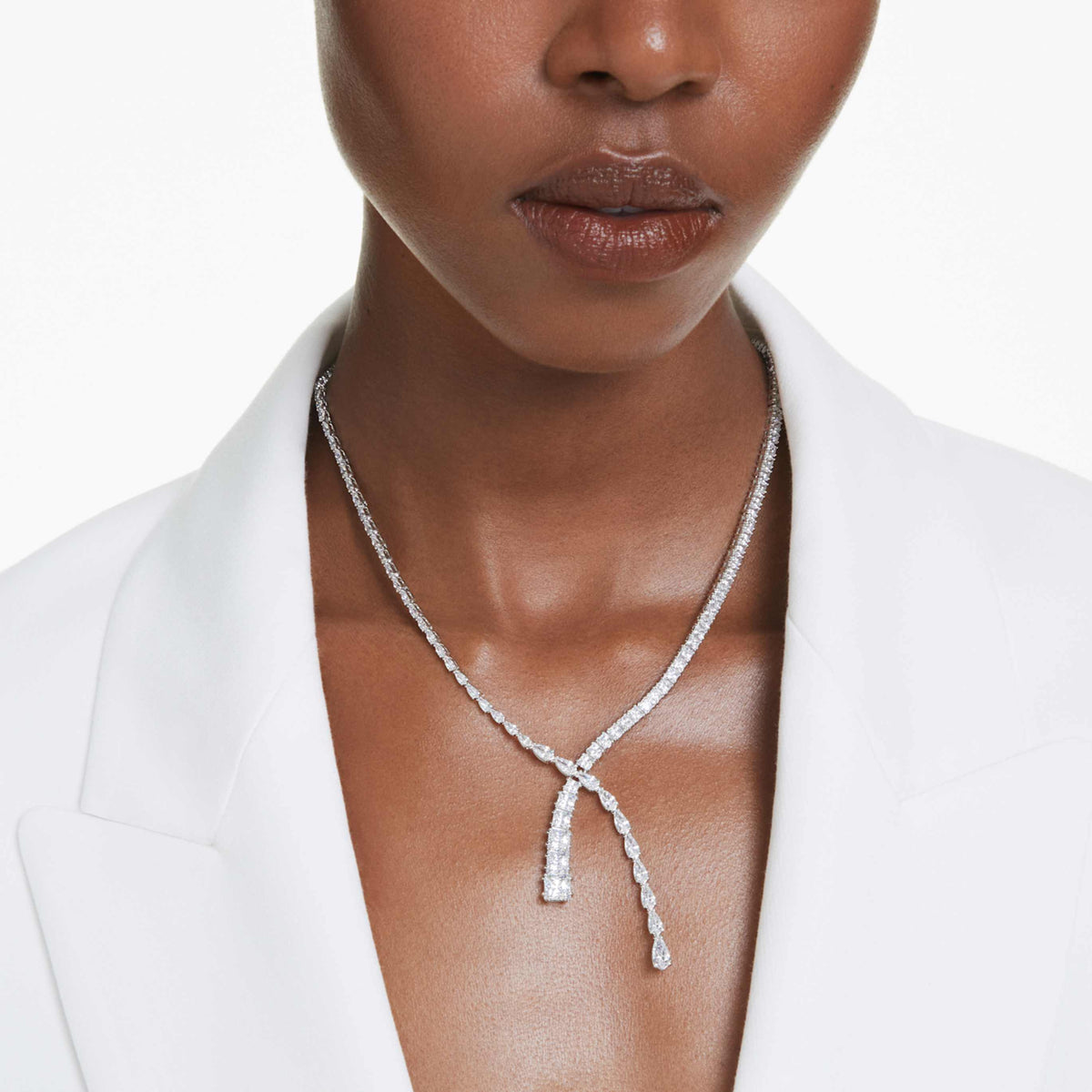 Swarovski Matrix Y necklace Mixed cuts, White, Rhodium plated