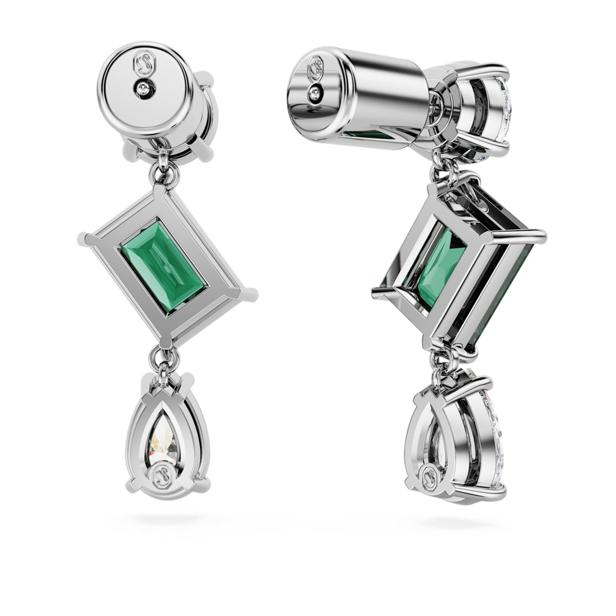 Swarovski Mesmera drop earrings with green mixed-cut accents and rhodium plating
