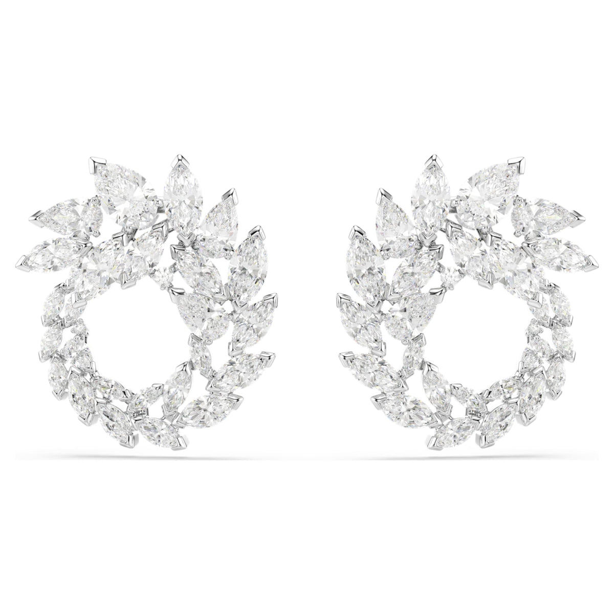 Swarovski Mesmera hoop earrings with white marquise-cut accents and rhodium plating