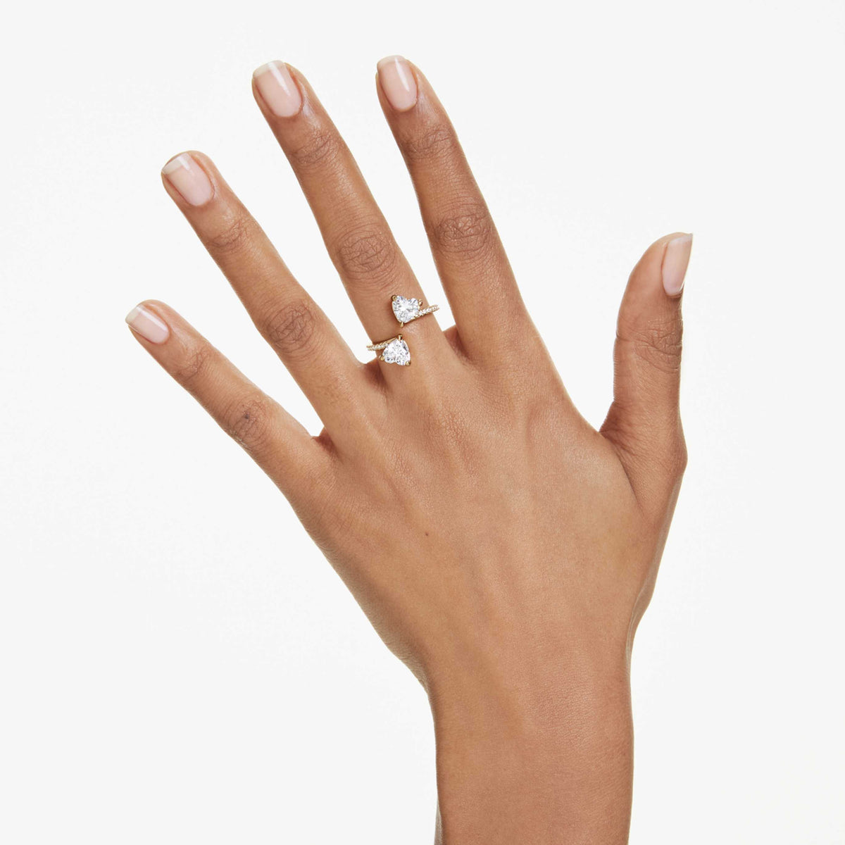 Swarovski Mesmera open ring with white heart-cut accents and rhodium plating
