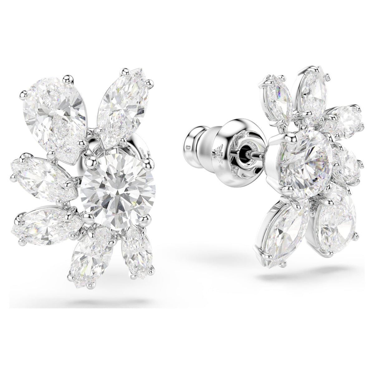 Swarovski Mesmera stud earrings featuring a flower motif with white mixed-cut accents and rhodium plating