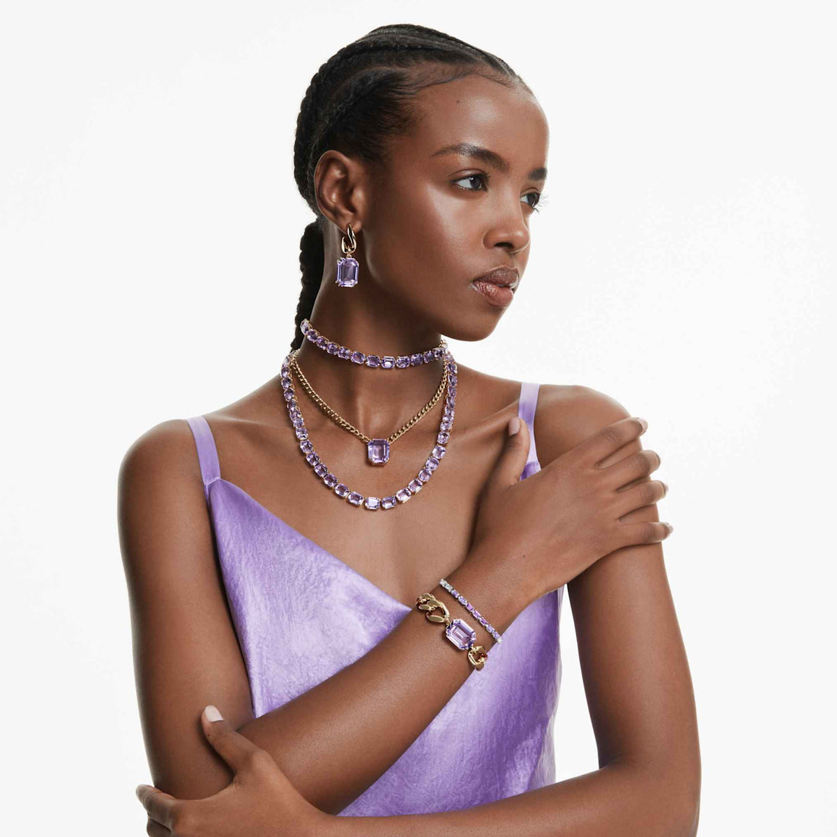 Swarovski Millenia choker with purple octagon-cut accents and an 18K gold finish