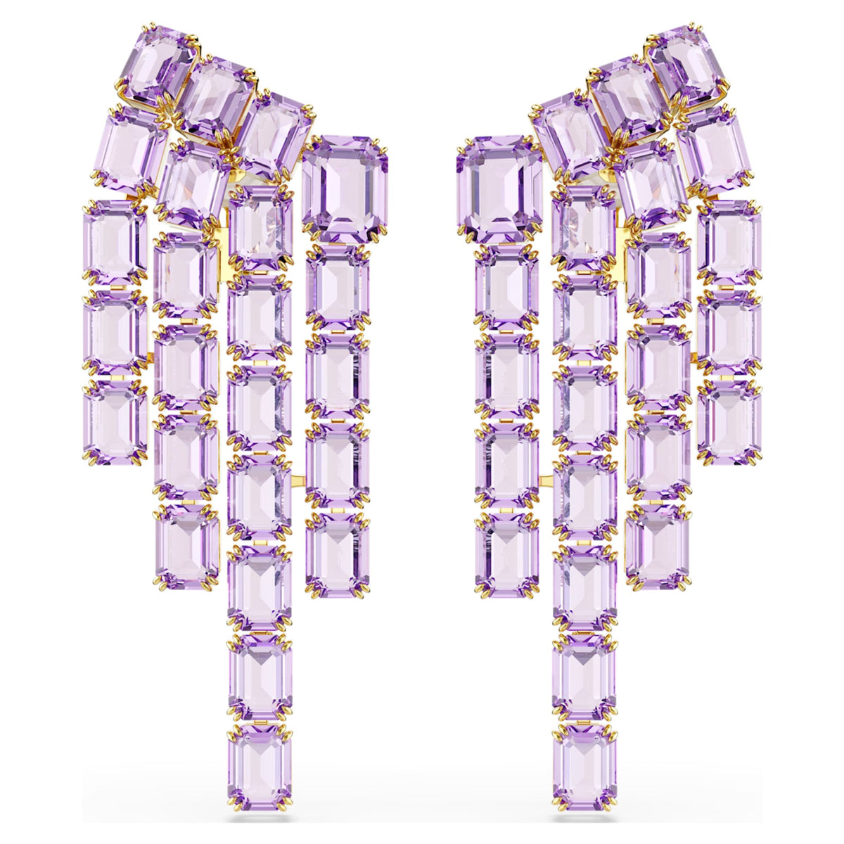 Swarovski Millenia clip earrings Octagon cut, Chandelier, Purple, 18K gold finish