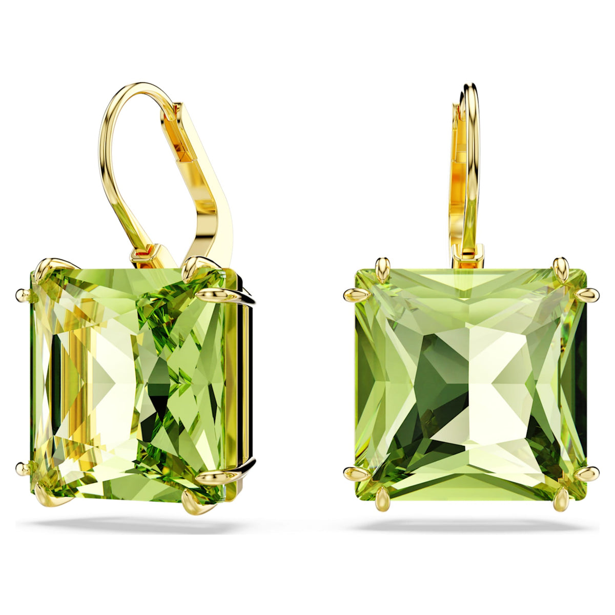Swarovski Millenia drop earrings with green square-cut accents and an 18K gold finish