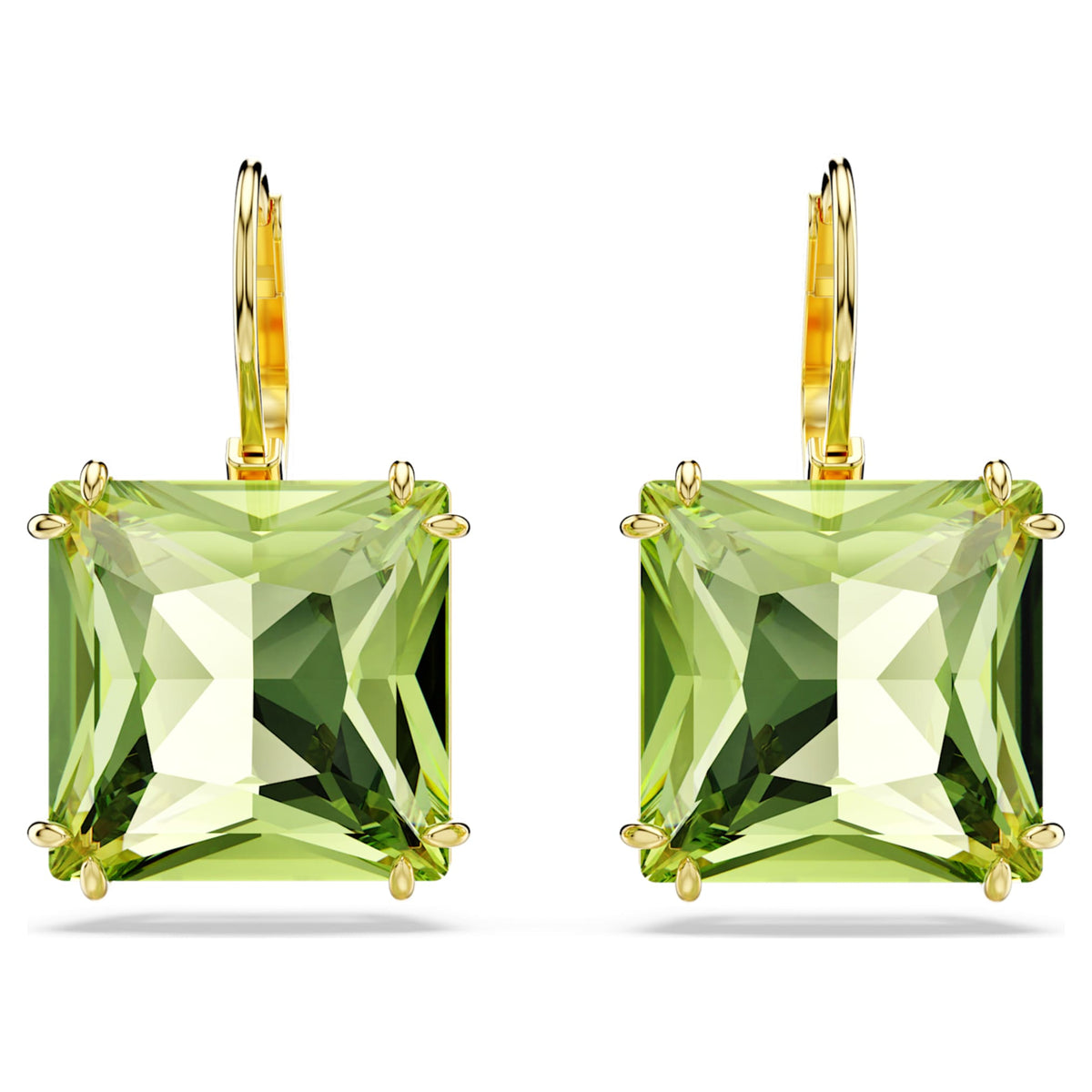 Swarovski Millenia drop earrings with green square-cut accents and an 18K gold finish