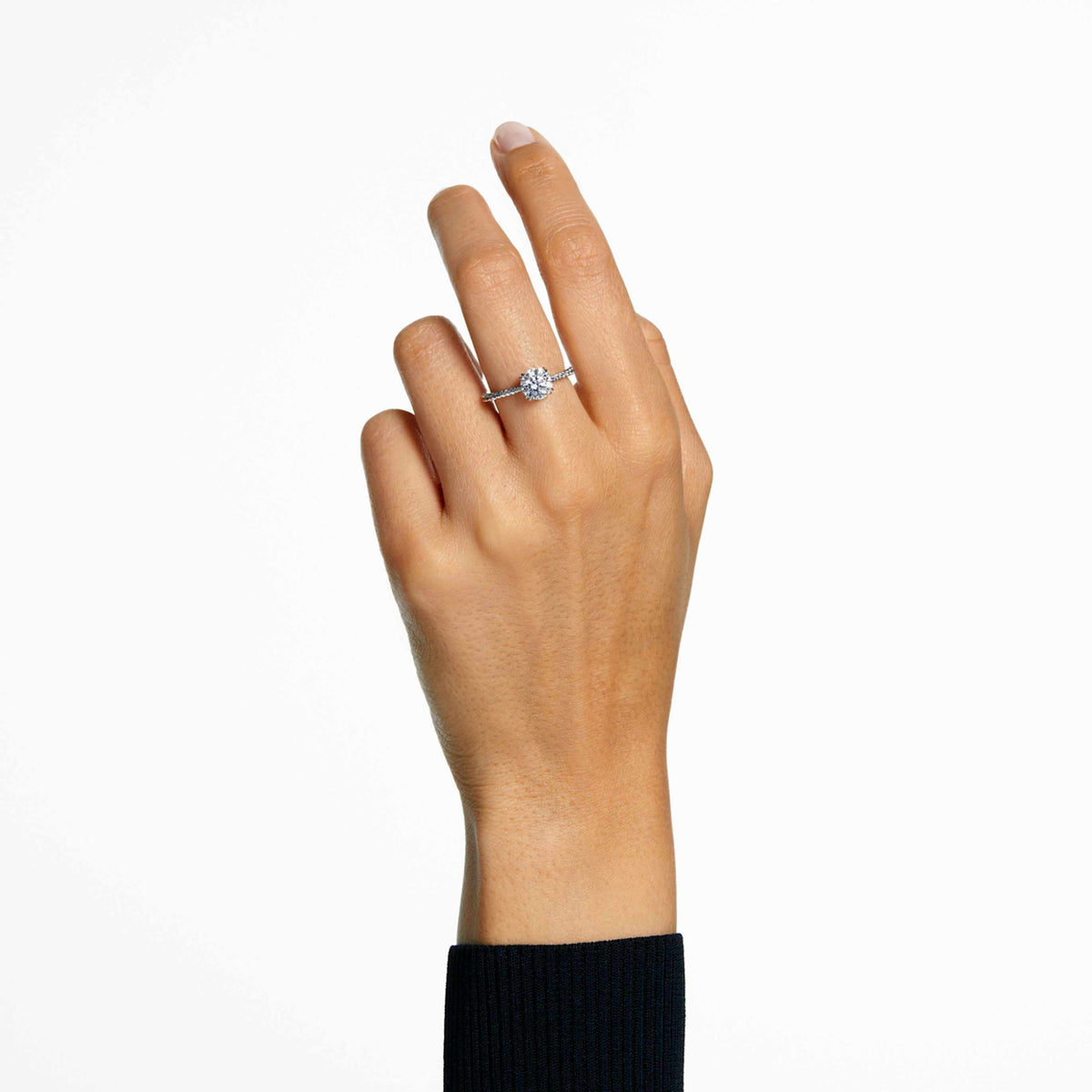 Swarovski Stilla cocktail ring with white round-cut accents and an 18K rose gold finish