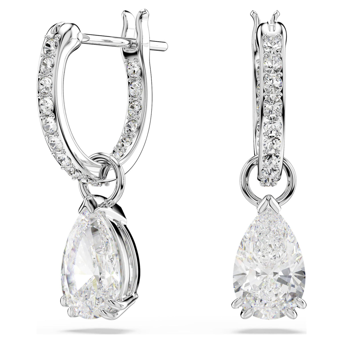 Swarovski Stilla drop earrings with white pear-cut accents and rhodium plating
