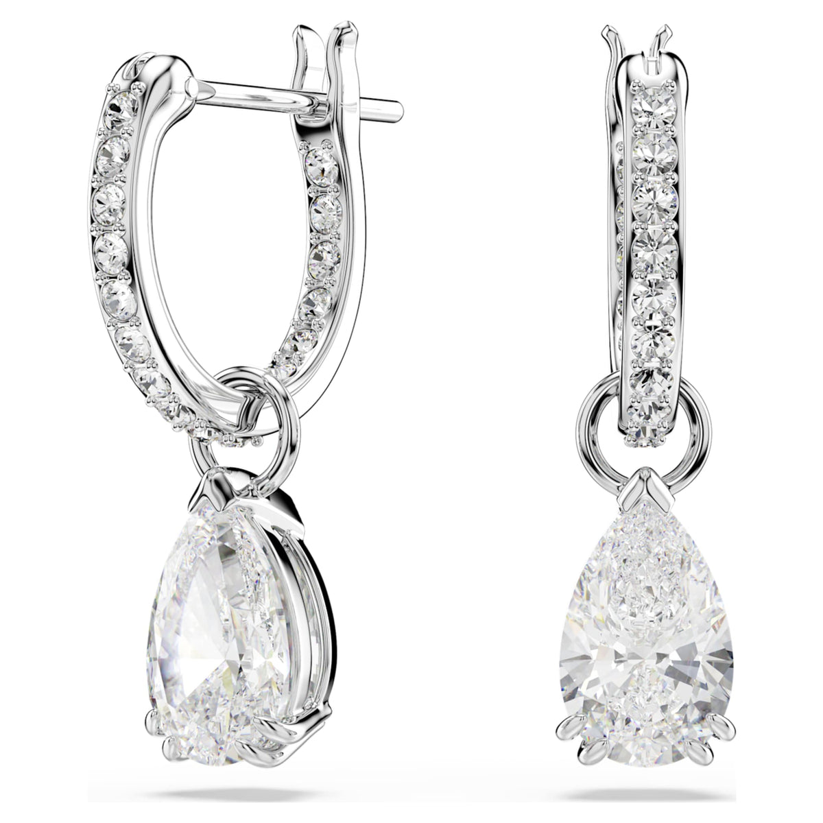 Swarovski Stilla drop earrings with white pear-cut accents and rhodium plating