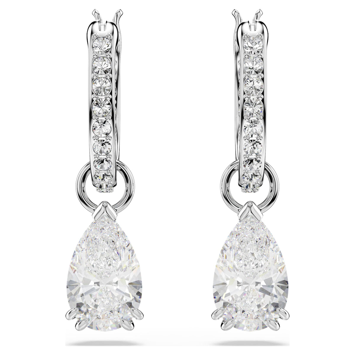 Swarovski Stilla drop earrings with white pear-cut accents and rhodium plating