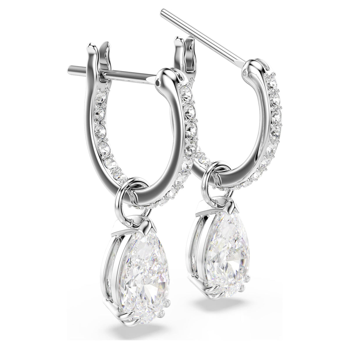 Swarovski Stilla drop earrings with white pear-cut accents and rhodium plating