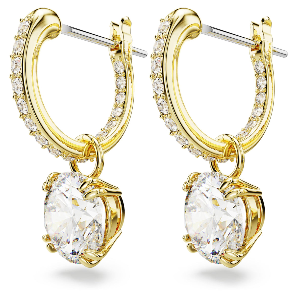 Swarovski Stilla drop earrings with white round-cut accents and an 18K gold finish