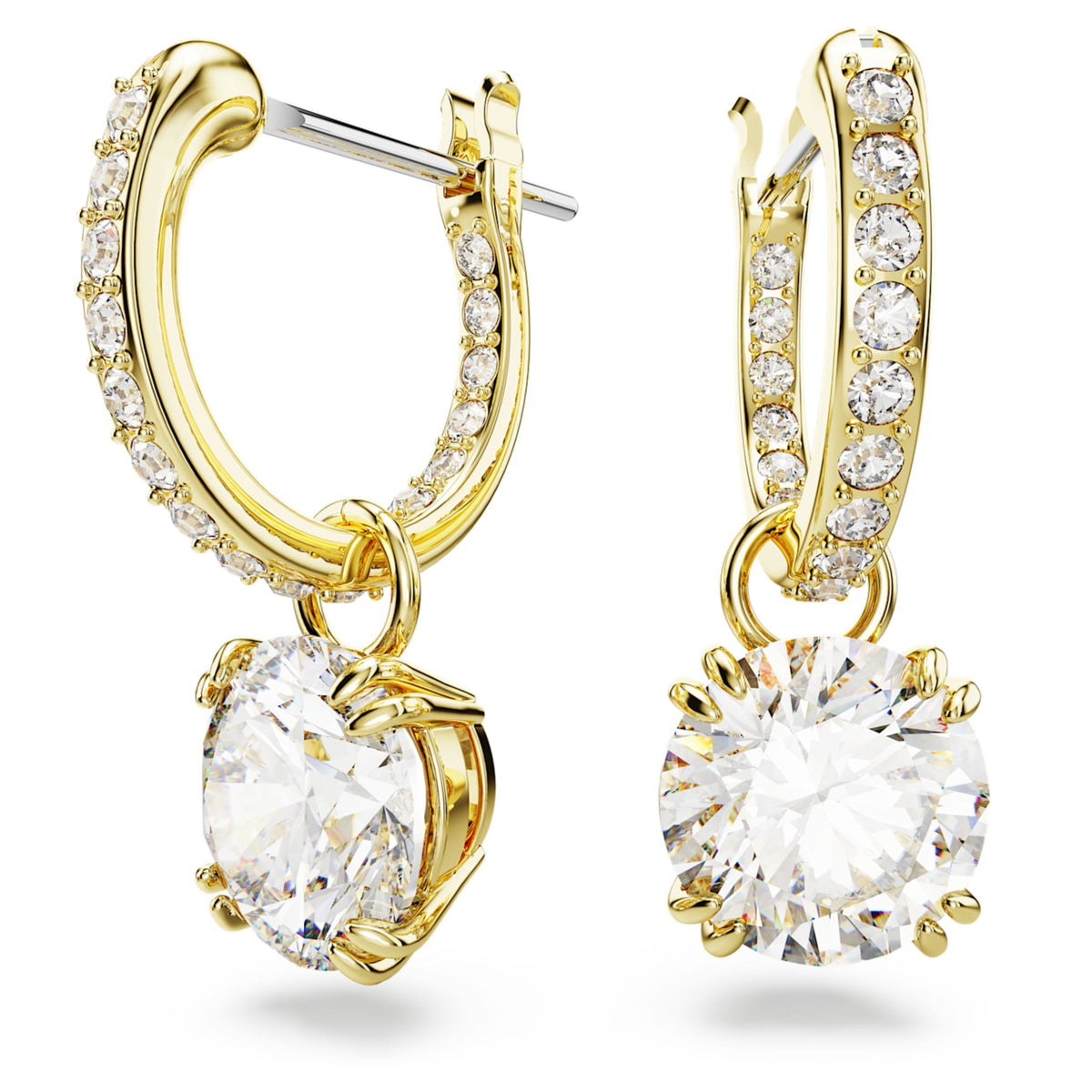 Swarovski Stilla drop earrings with white round-cut accents and an 18K gold finish
